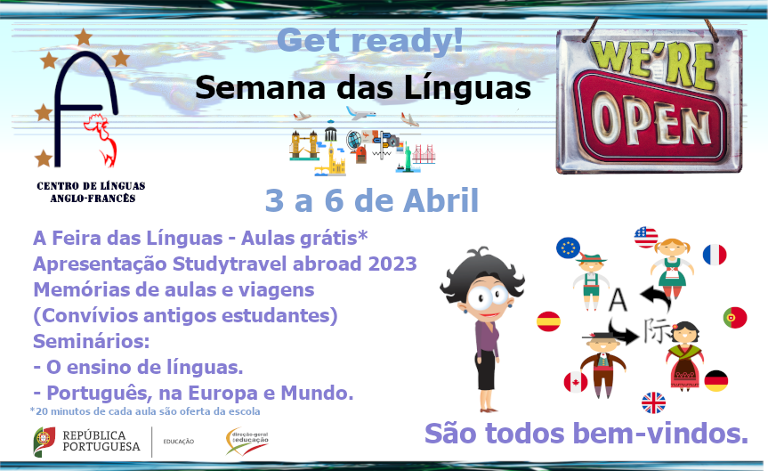3 a 6 de abril 2023 - Feira das línguas - Open Days  (aulas para todos grátis) - Vem conhecer.